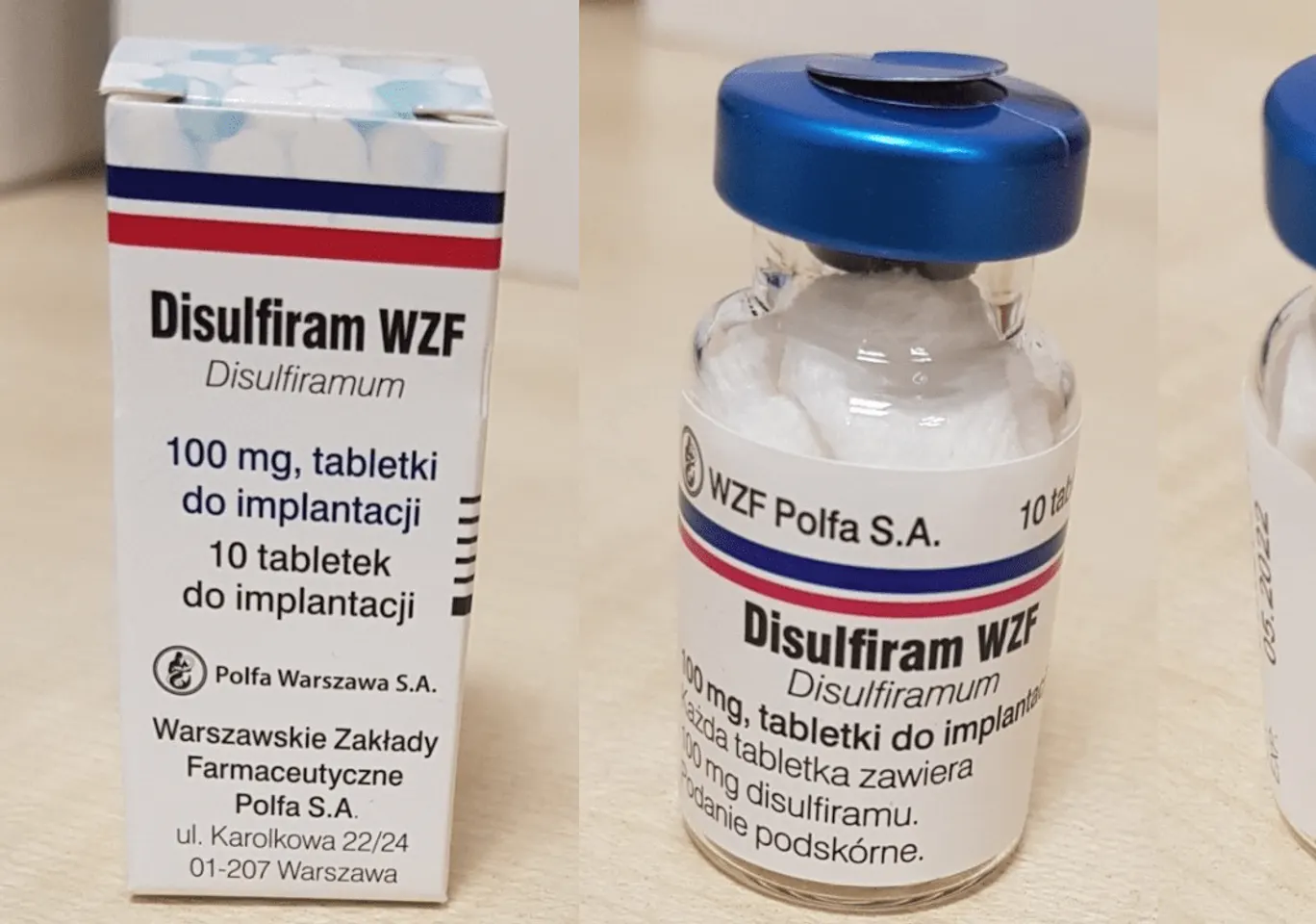Wszywka alkoholowa Esperal Sochaczew: fiolka disulfiramu obok opakowania leku
